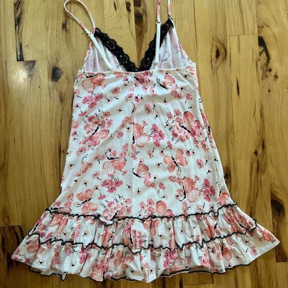 Vintage Betsey Johnson Intimates Cotton Floral White Mini Dress Black Ruffles - Picture 2 of 4